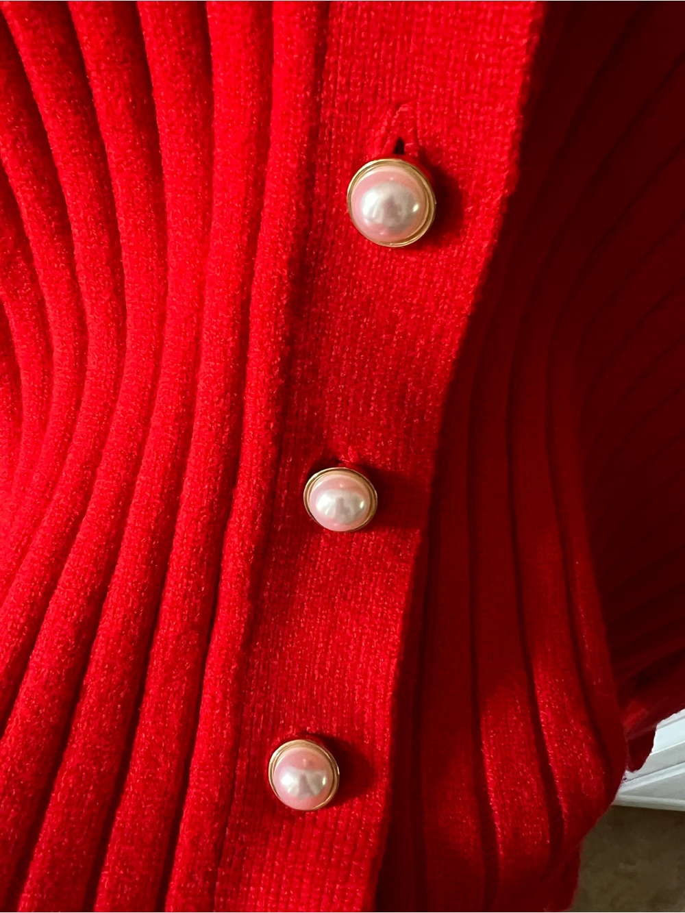 Laundry By Shelli Segal Bright Red Ribbed V-Neck Cardigan with Ruffle Trim - Picture 3 of 6